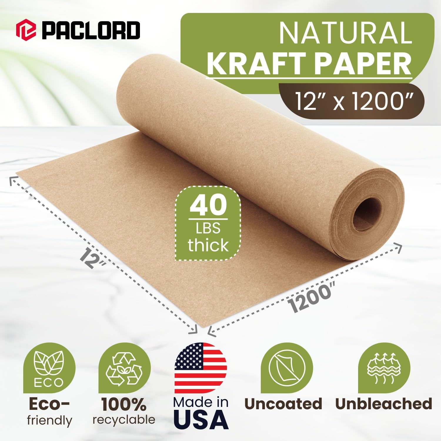 12″ x 1200″ (100 ft) Natural Kraft Paper Roll | USA Made Non-Toxic, Odorless, 100% Recyclable Brown Wrapping P - view 2