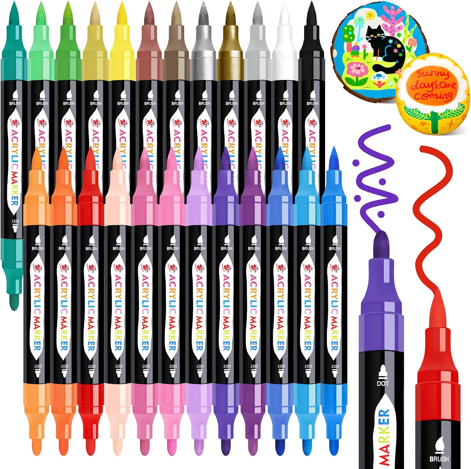 TBC The Best Crafts Acrylic Paint Markers, 24 Colors Dual Tip Pen | Waterproof, Non-Toxic for Rock Painting, W