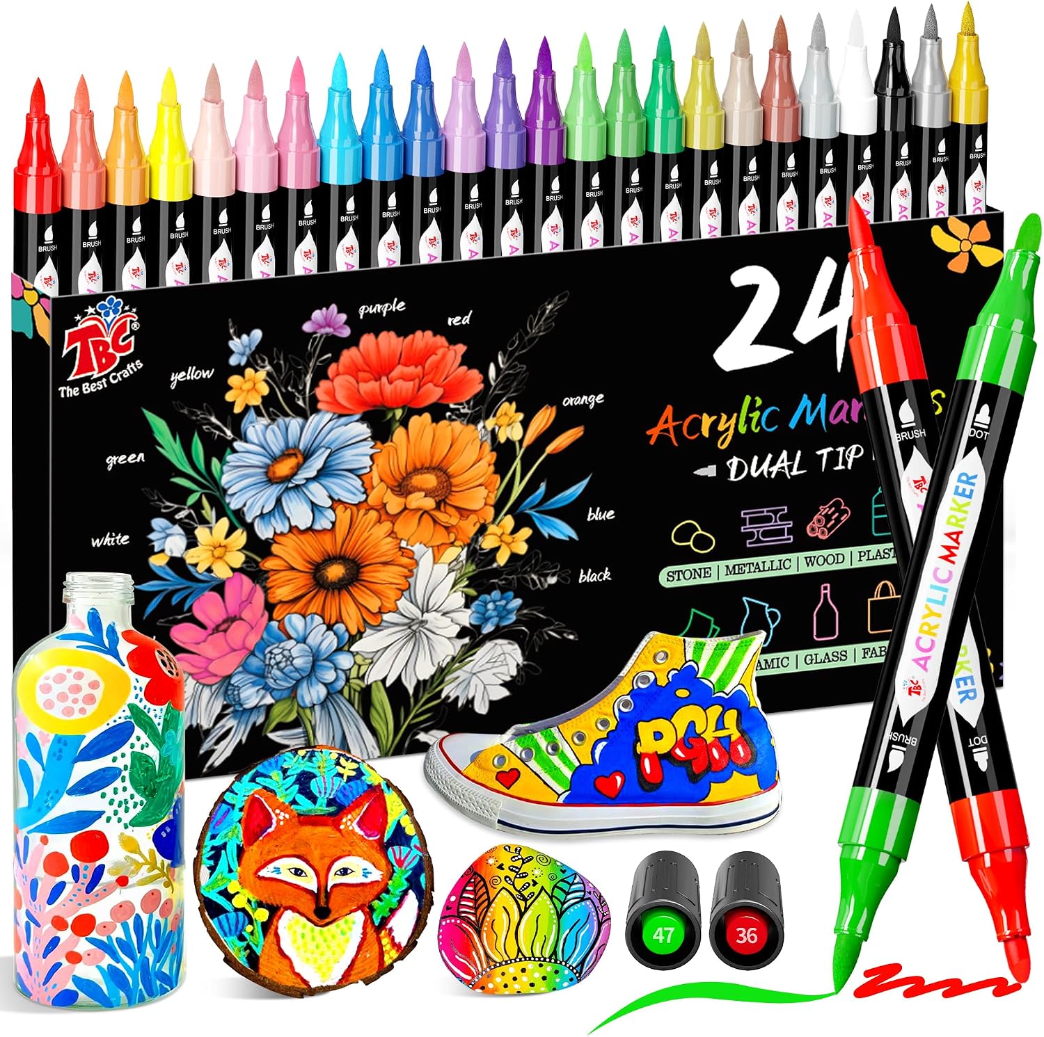 TBC The Best Crafts Acrylic Paint Markers, 24 Colors Dual Tip Pen | Waterproof, Non-Toxic for Rock Painting, W - view 2