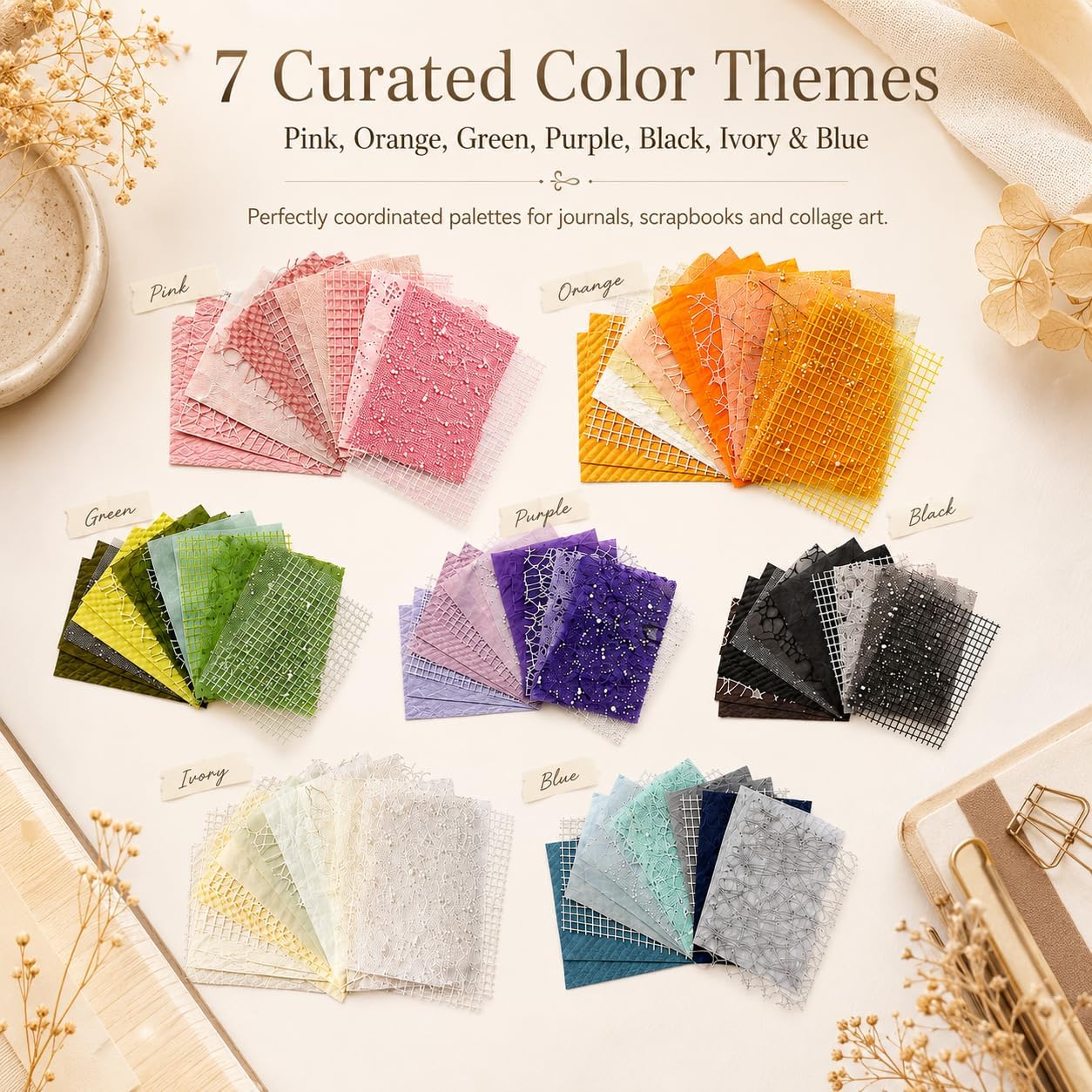 Textured Scrapbook Paper & Mesh Fabric Set, 112 Sheets, 7 Colors - view 2